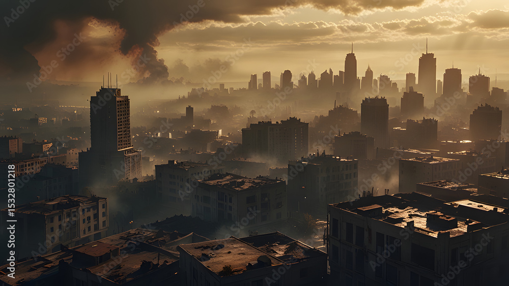 Naklejka premium Ruined Cityscape at Sunset Dark and Dramatic Aerial View of a Post Apocalyptic Urban Landscape