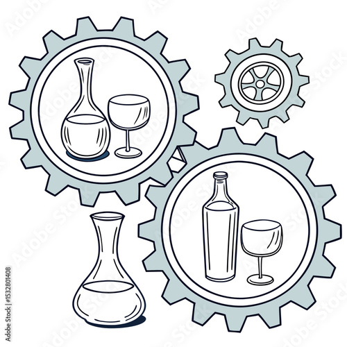 Production of Alcoholic Beverage Process with Gears Illustration