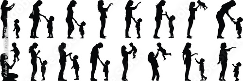 Mother and child silhouette collection of family love, bonding, parenting, tender moments, playful, happy moments, togetherness, joy, family care, playful connection
