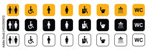 Vector Restroom and Toilet Icons Set, Male, Female, Unisex, Public Bathroom Symbols, Isolated Pictograms for Clean and Accessible Facilities Design