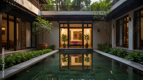 Serene Courtyard with Reflecting Pool and Lush Greenery