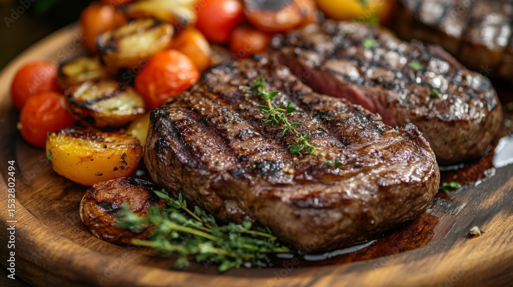 A close-up of a perfectly grilled steak with a juicy, tender center, served with a side of roasted vegetables and garnished with fresh herbs on a wooden platter. A close-up of a perfectly grilled steak with a juicy, tender center, served with a side of roasted vegetables and garnished with fresh herbs on a wooden platter.
