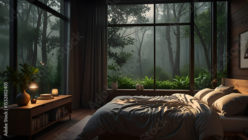 Cozy Modern Bedroom with Large Forest View and Natural Light