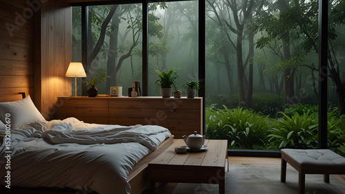 Cozy Modern Bedroom with Large Forest View and Wooden Furniture