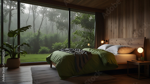 Cozy Modern Bedroom with Rainforest View and Warm Lighting
