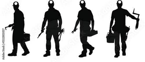 Silhouette of construction worker with tools, hard hat, action poses, profession symbol, carpenter, tradesman, repairman, industry, manual labor, isolated on white background.