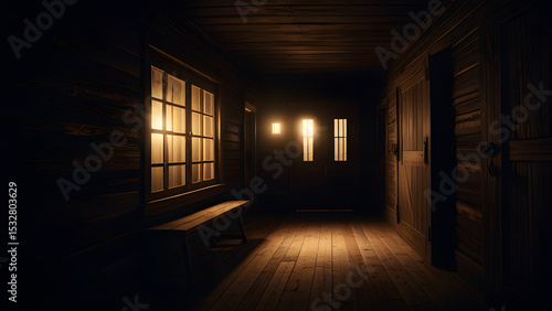 Dark Wooden Cabin Hallway at Night with Warm Lighting