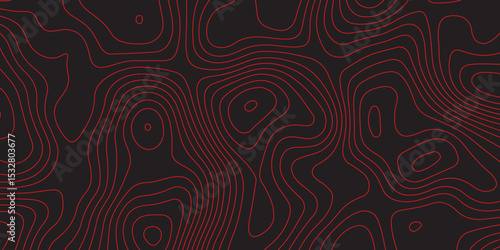 Topographic black  and red wavey contour line style map white background.

