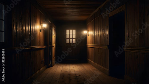 Dark Wooden Hallway in Old Cabin at Night