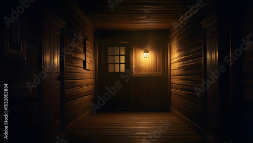 Dark Wooden Hallway in Rustic Cabin at Night