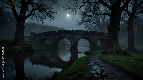 Mistshrouded Ancient Stone Bridge at Night