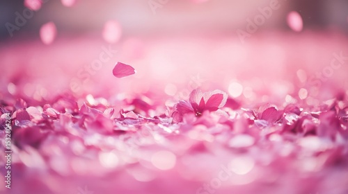 A close-up of cherry blossom petals falling gently to the ground, creating a soft carpet of pink, emphasizing the fleeting beauty of the spring season