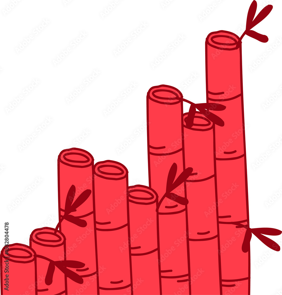 Fototapeta premium Red bamboo stalks are forming stepped shape with leaf clusters in vector art on transparent field