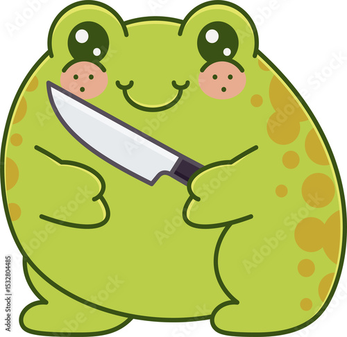 Foto Cartoon frog is holding kitchen knife in flat design with bold outlines on trans