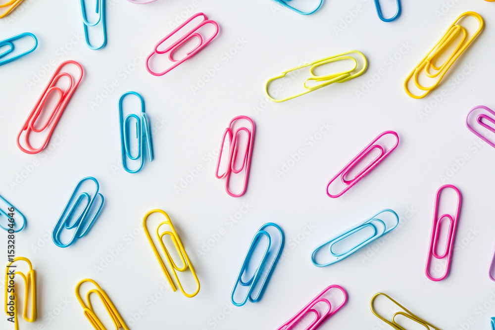 A set of colorful paper clips scattered randomly on a white surface. A set of colorful paper clips scattered randomly on a white surface.