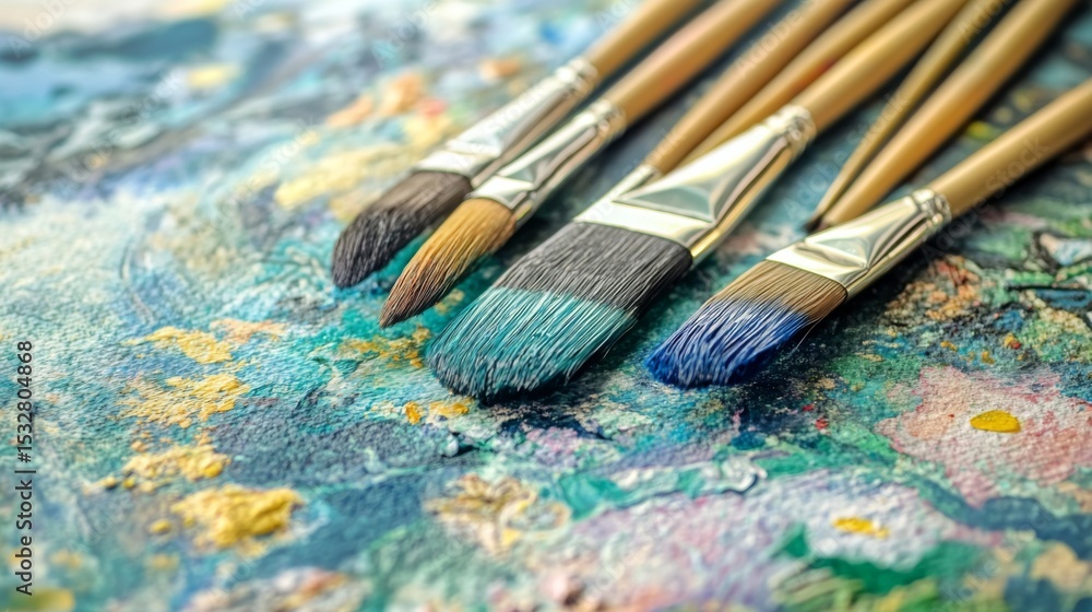 Fototapeta premium A close-up of paintbrushes and watercolor paints beside a beautifully colored artwork, capturing the transition from drawing to vibrant coloring