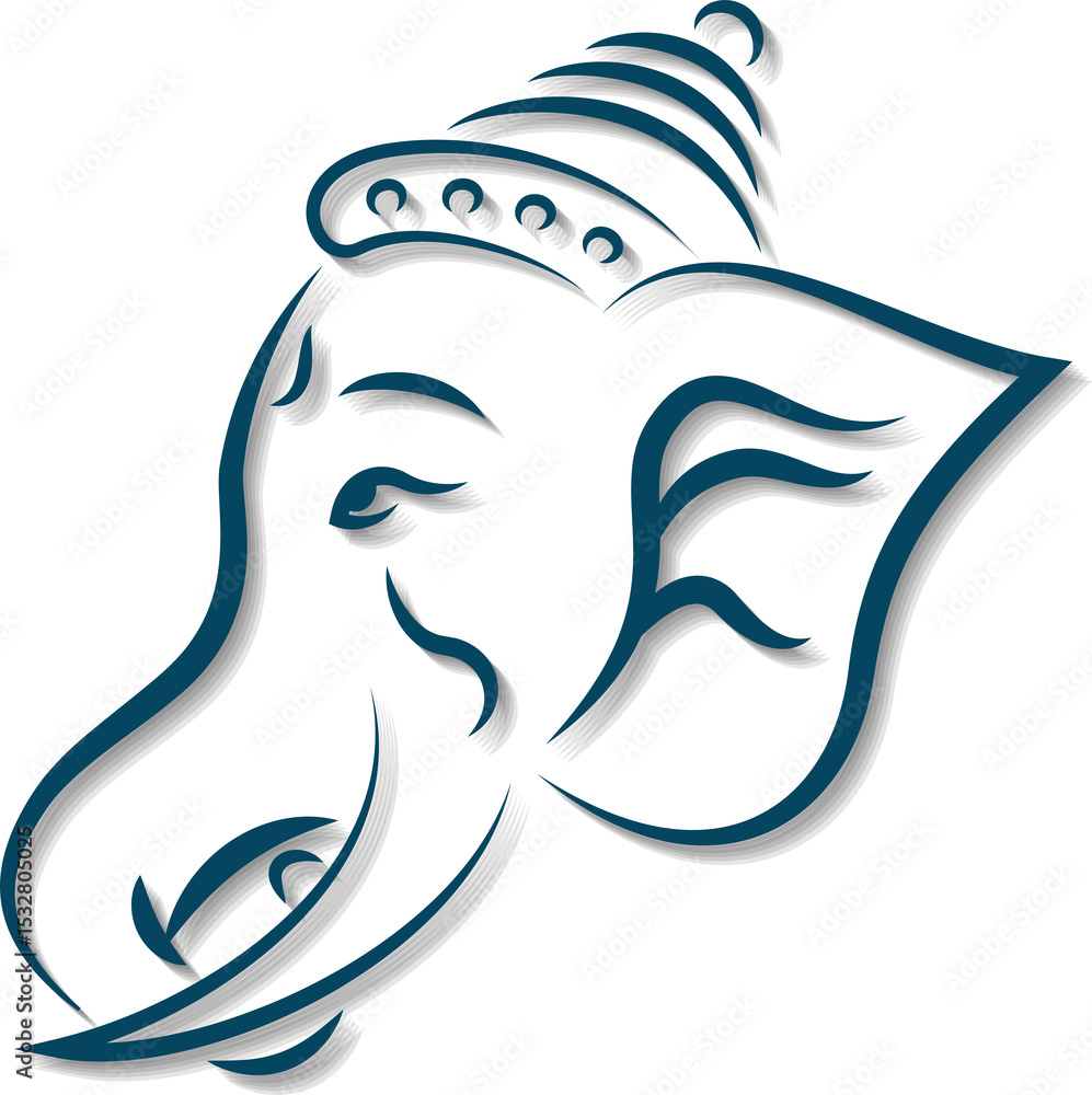 Naklejka premium Line art elephant head is showing teal brushstrokes with dotted crown on transparent background