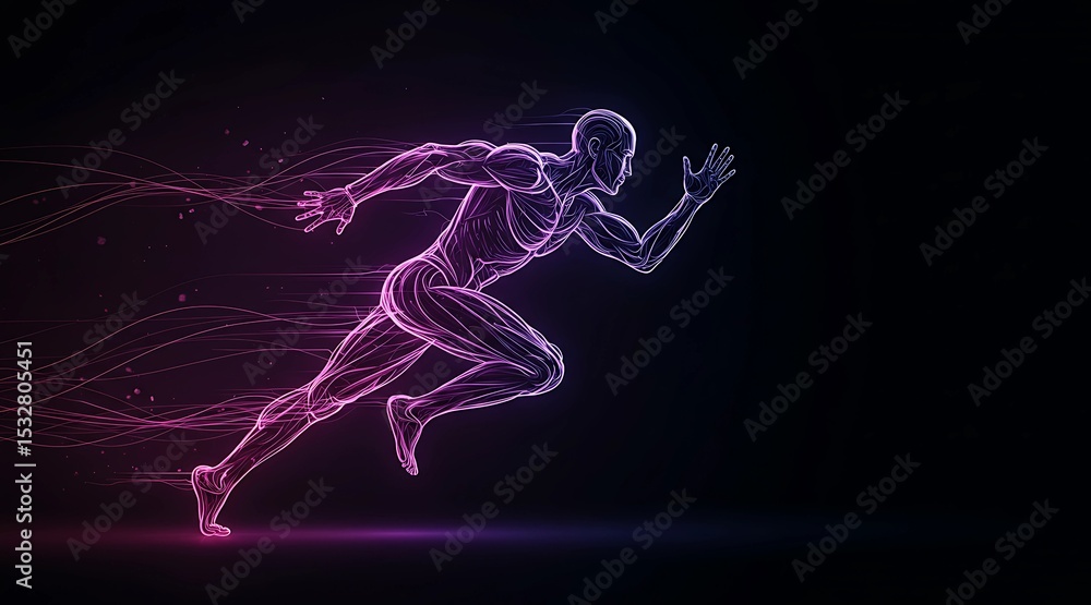 Abstract digital illustration of a male sprinter made of glowing neon lines or energy trails on dark background Abstract digital illustration of a male sprinter made of glowing neon lines or energy trails on dark background