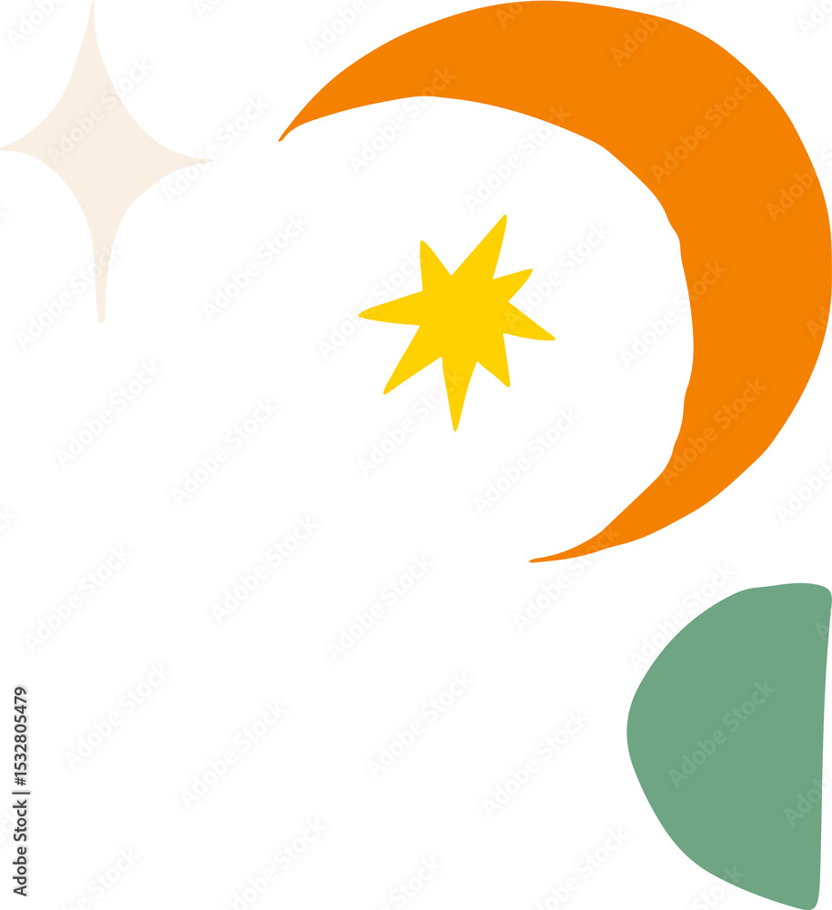 Naklejka premium Flat design shapes are floating on transparency with cream, yellow stars, orange moon, green leaf