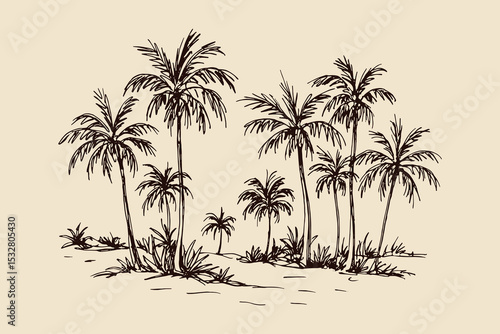 Palm trees desert landscape ink sketch vector illustration