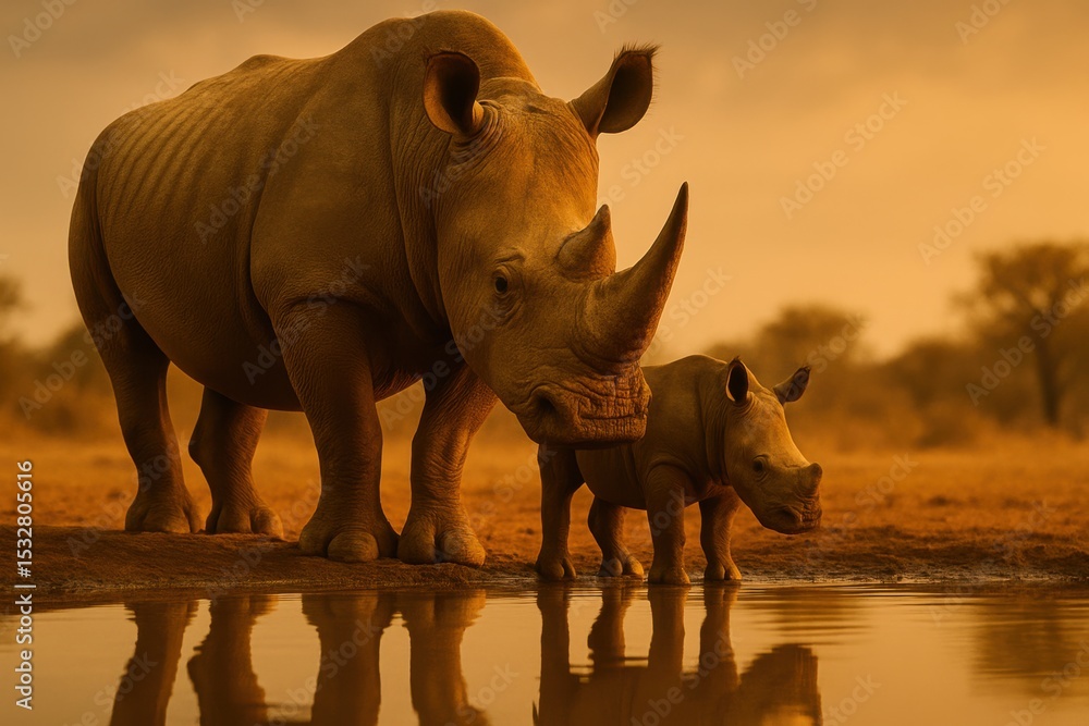 Fototapeta premium Rhino and Calf Drinking Water in Africa