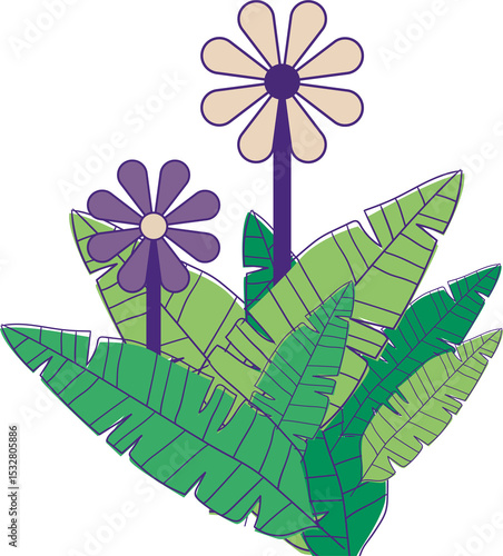 Fototapeta Naklejka Na Ścianę i Meble -  Stylized daisy flowers are rising from tropical leaves in flat design on transparent background