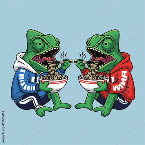 Colorful cartoon crocodiles enjoying hot ramen bowls with matching hoodies cheerful scene