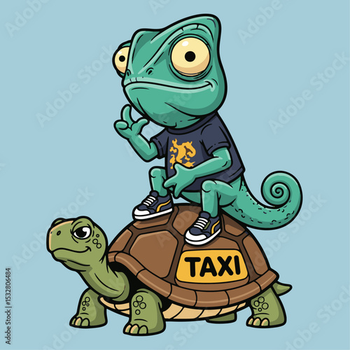 Cartoon chameleon wearing sneakers and sitting on newsstand with taxi sign