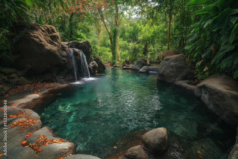 Naklejka premium A serene oasis nestled in a lush rainforest, where a small waterfall cascades into a clear, inviting pool of water. The scene is surrounded by vibrant greenery and large rock formations.