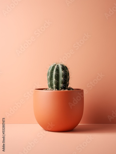 Small green cactus with white thorns in terracotta pot on coral background