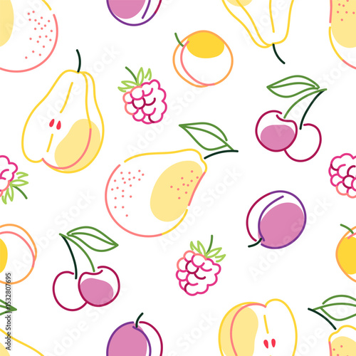 Seamless pattern with pears, cherries, raspberries, plums and apricots in hand-drawn style on white background. Summer fruit illustration