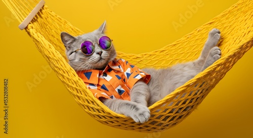 Cool Cat Relaxing in Hammock with Sunglasses: A Humorous Vacation Getaway