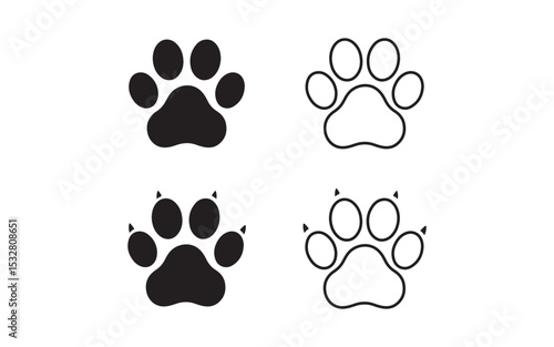 Set of 4 Paw Print Icons – Solid and Outline Animal Tracks with Claws in Vector Style for Pet, Wildlife, and Logo Design