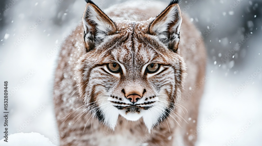 Obraz premium Closeup Portrait of a Wild Lynx in Snowy Forest with Frost-Covered Fur and Intense Gaze – Winter Wildlife Photography