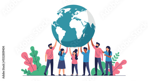 Diverse Group United Holding Up the World Showing Unity Community and Cooperation Together