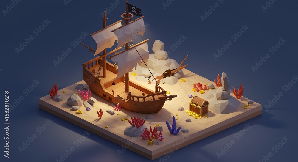 Obraz premium Sunken Pirate Ship Treasure Hunt Low Poly 3D Render Isometric View