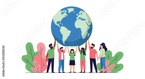 Working Together to Protect Planet Earth a Group of People Raising the Globe
