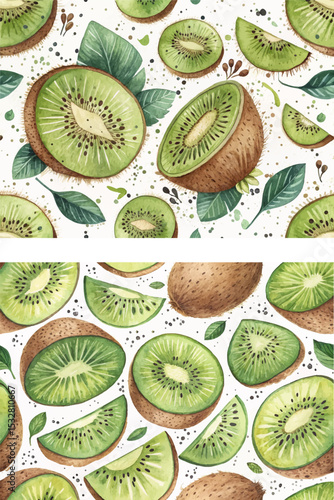 Seamless pattern of hand-drawn kiwi slices with delicate watercolor texture on a pure white background.