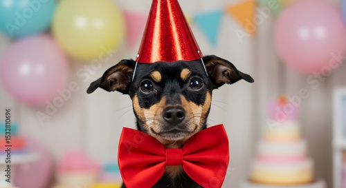Festive Birthday Dog: Cute Miniature Pinscher in Party Hat and Bow Tie Celebrating with Balloons