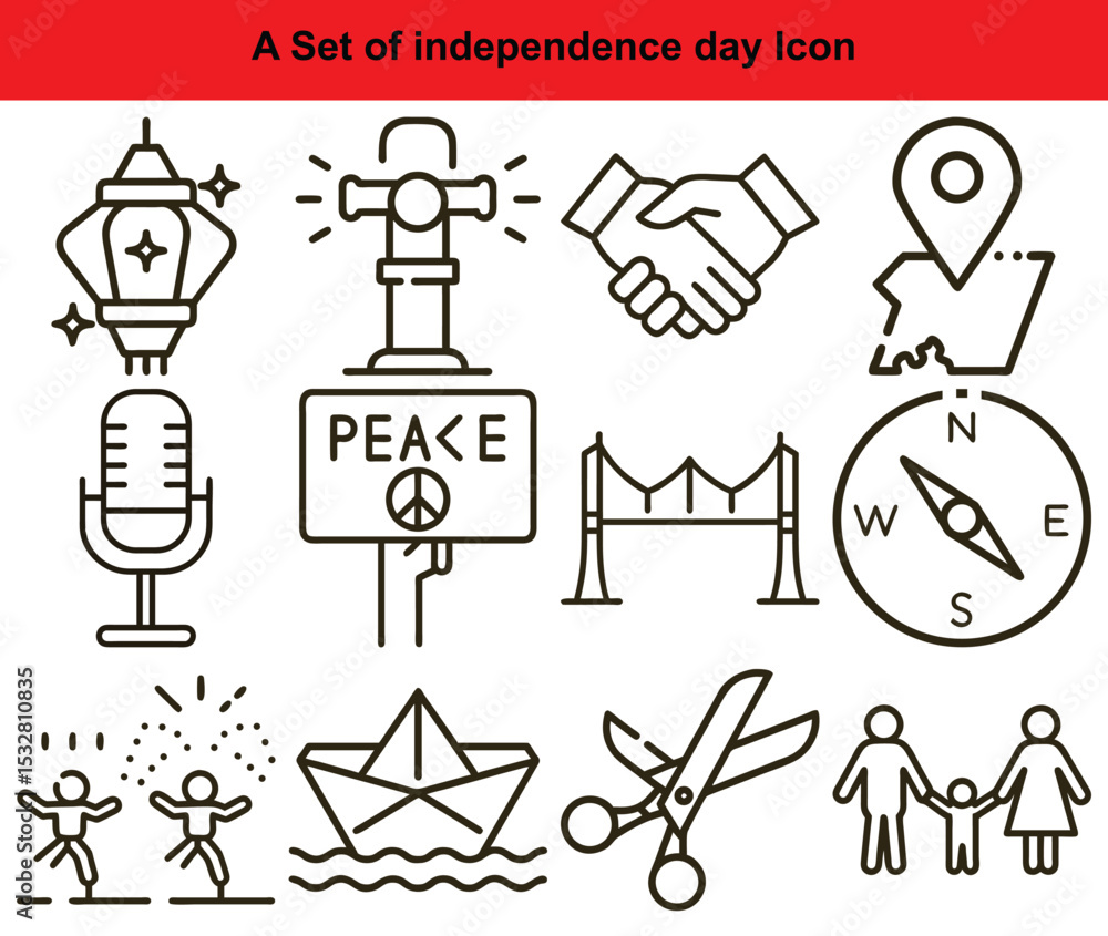 Fototapeta premium Independence Day Outline Icon Set Freedom, Unity, Celebration, and National Symbols Depicted