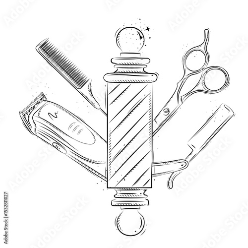 Composition of barber's pole clipper comb tail scissors and straight razor⁠
