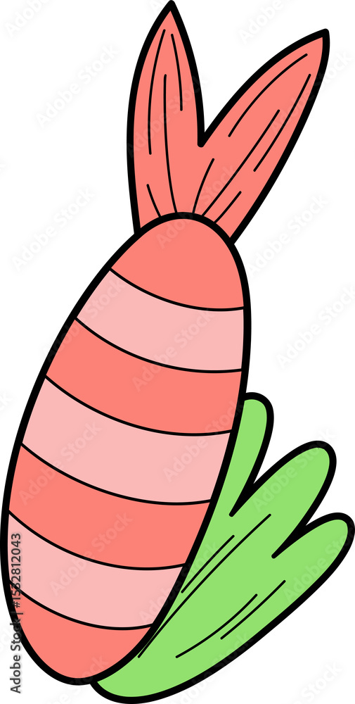 Obraz premium Flat bunny-eared egg is sitting on transparent background showing coral stripes and green leaves