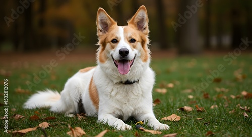 Happy Corgi Mix Dog Relaxing Outdoors on Grass with Autumn Leaves