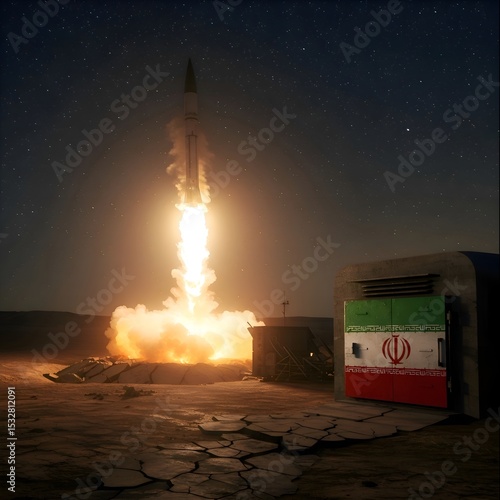A powerful Iranian missile streaks into the night sky during a launch from a desert location, illuminated against a backdrop of countless stars.