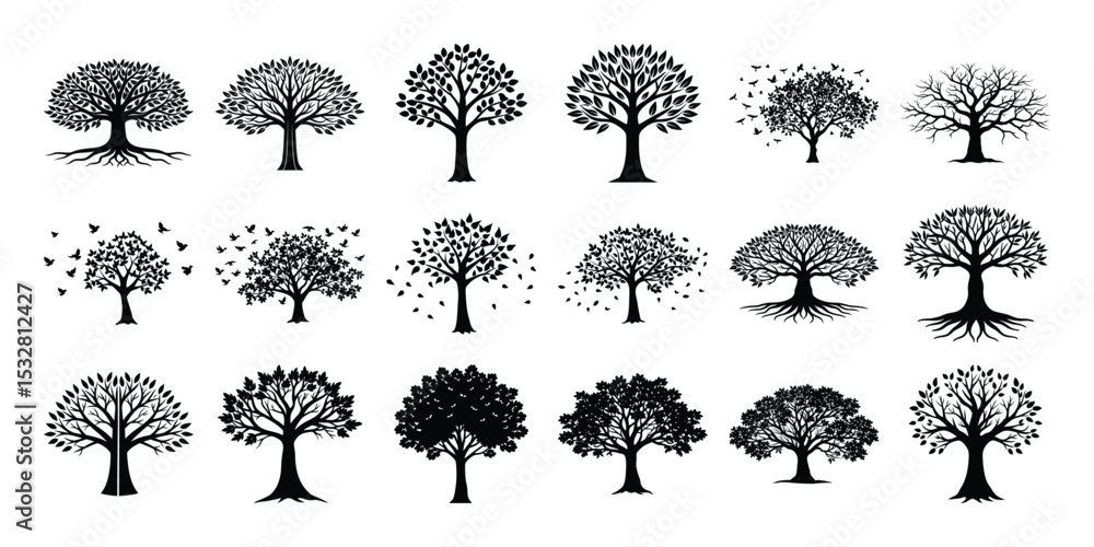 Fototapeta premium Single Tree Silhouette set on White Background, Black Tree Silhouette set.
