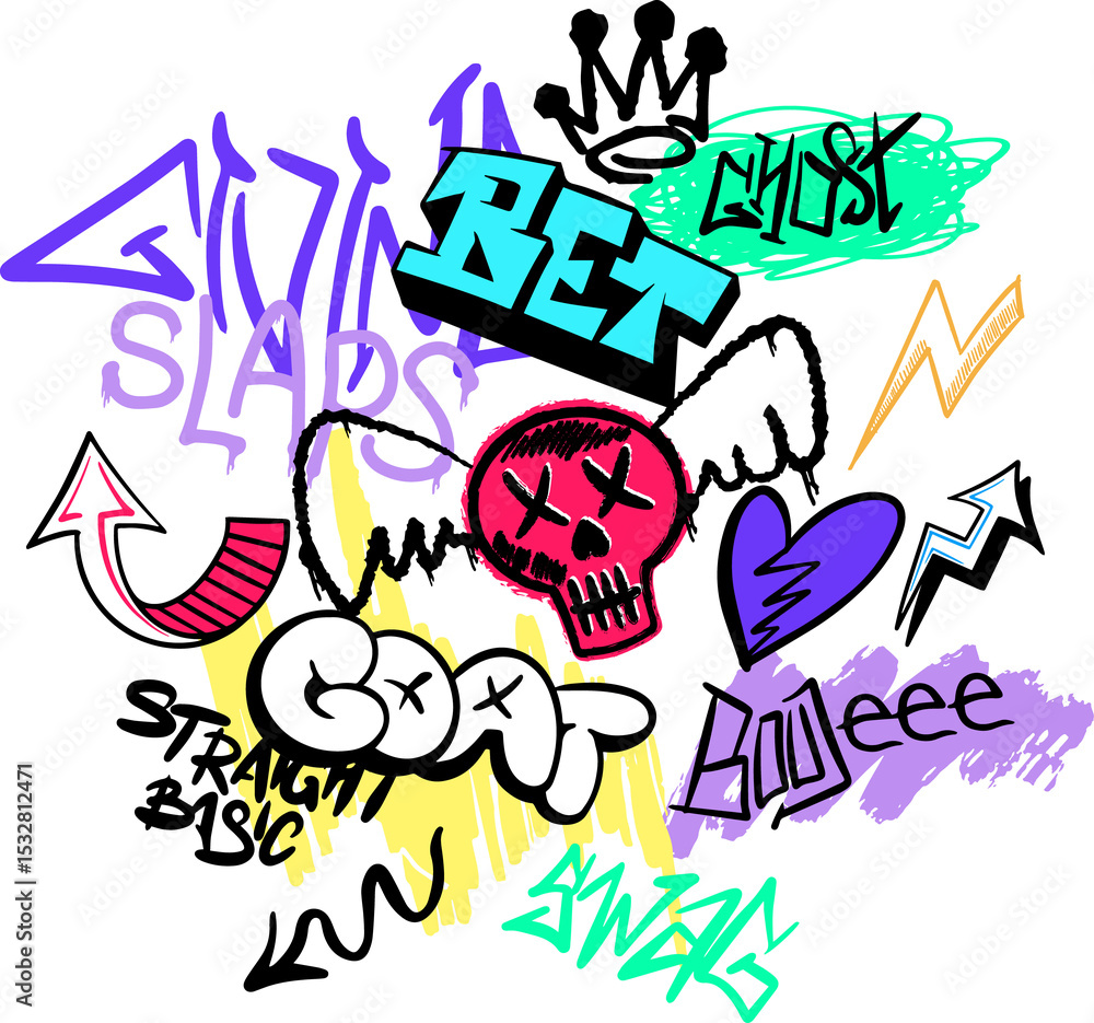Digital graffiti collage is appearing on transparent background, featuring red skull and lettering Digital graffiti collage is appearing on transparent background, featuring red skull and lettering