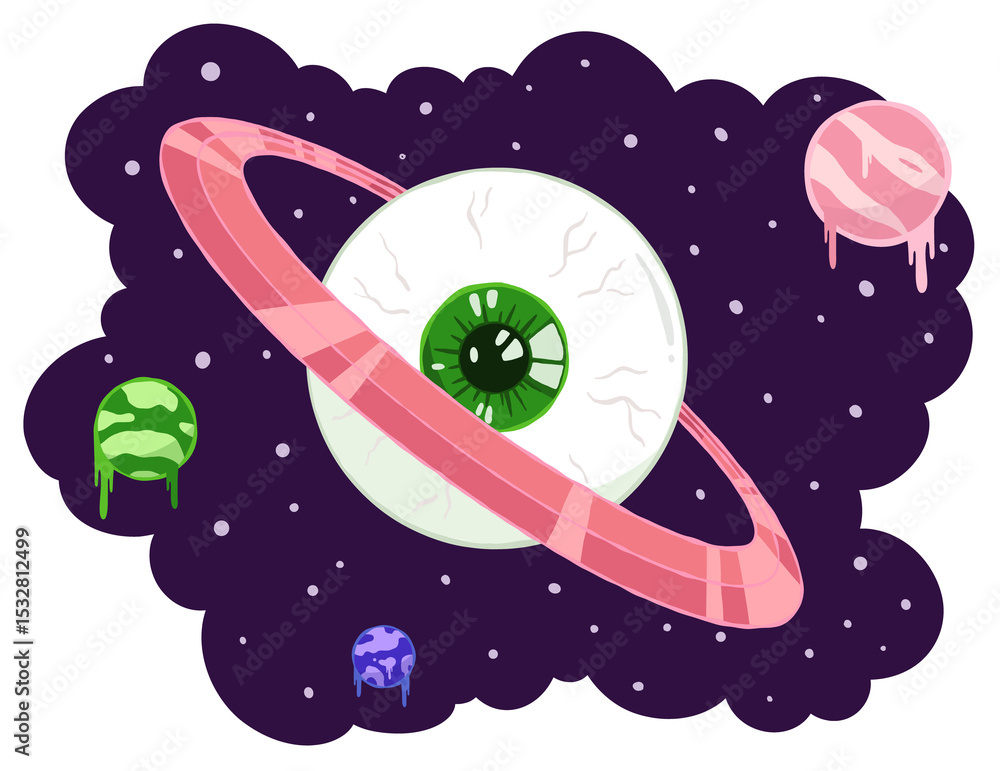 Naklejka premium Eyeball planet is floating in flat design with pink ring, dripping orbs on transparent background