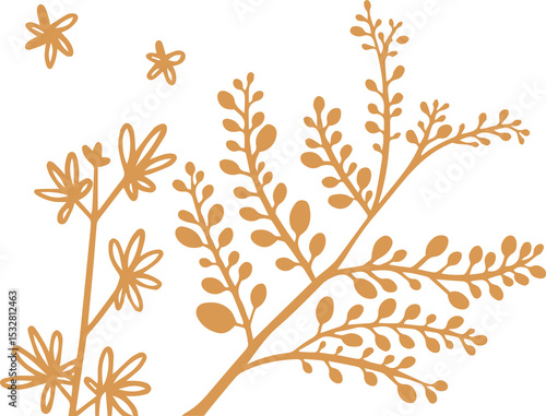 Plant motif is showing branching stems and daisy flowers in flat design on transparent background