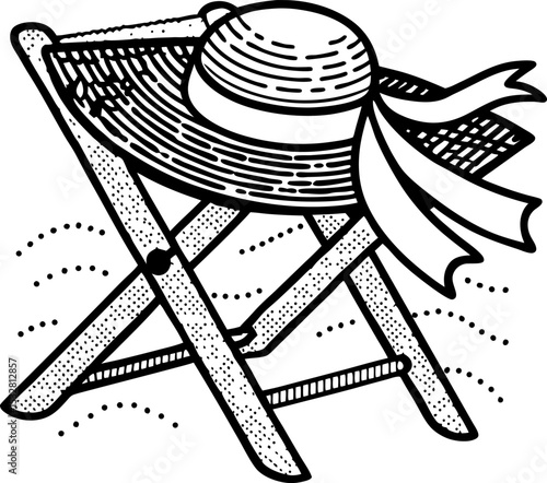 Beach sun hat on wooden folding chair, summer vacation relaxation concept, dotted sand background illustration