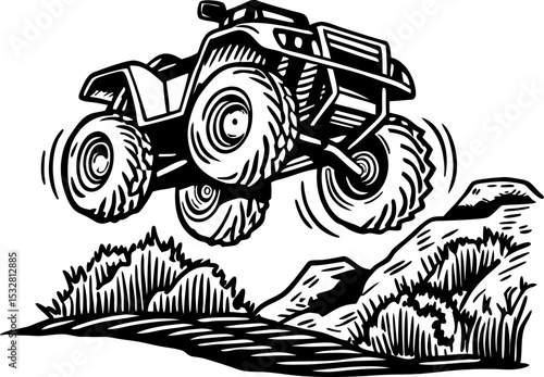 Off road vehicle jumping over rocky terrain four wheeler adventure, extreme sport action, rugged landscape exploration